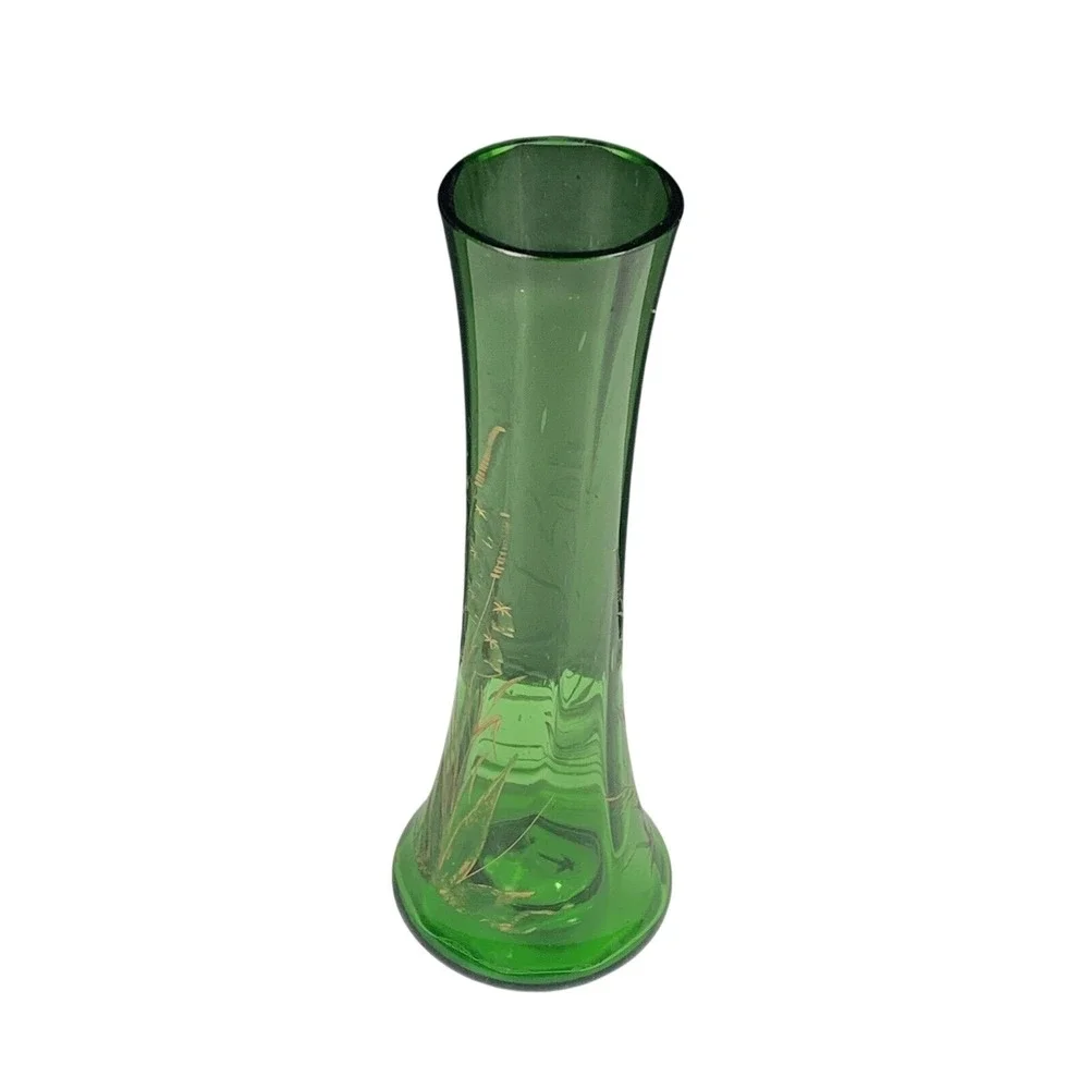 Emerald Green Glass Bud Vase Gold Etched Floral Art Mid Century Decor 8